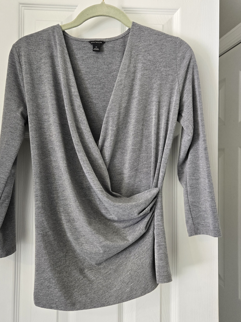 Ann Taylor Gray Draped Three-Quarter Sleeve Top